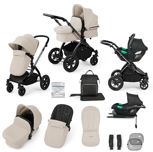 Ickle Bubba Luxe Travel System & i-Size Cirrus Car Seat (Black/Stone/Black) | All-Terrain Pram, Reversible Seat, UPF 50+ Hood, Rain Cover & Accessories inc. Isofix base