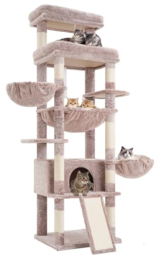 Hey-brother 182 cm Stabil Kratzbaum, für ausgewachsene großeKatze, MPJ080MU | mehrstöckiger Katzenbaum mit 2 Grosse liegefläche, 3 Hängematten, Höhle, 2-in-1-Sisalkratzbrett, Plüschbällen, Beigebraun