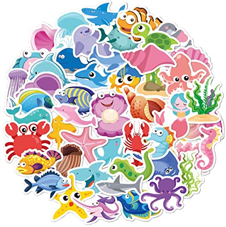 HNTR® Cute Fish Stickers | 50 Ocean Sea Animal Stickers for Kids | Waterproof Cute Sticker Pack for Scrapbook, Tablets and Journals