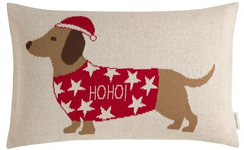 TOM TAILOR Weihnachtskissen rot – Kissenbezug Weihnachten – Dackelmotiv – 100% Baumwolle – Kissen mit Tiermotiv – Deko Kissenhülle 30x50cm kuschelig, weich, für Sofa & als Geschenkidee