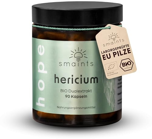 smaints® BIO Hericium Dual-Extrakt Kapseln - 100% aus Bio Anbau in Europa - 90 Stk für 90 Tage - hochdosiert 500 mg pro Kapsel - Premium Lions Mane Löwenmähne Igelstachelbart - vegan & laborgeprüft