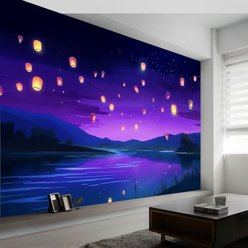 Fototapete Nachthimmel Laternen Berge Wandbild Tapete 400x280 cm(B x H) | Karikatur Vliestapete Wandbilder, 3D Effekt Wanddeko für Schlafzimmer Spielzimmer Küche Heimdekoration
