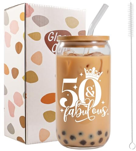 Bliceon 50th Birthday Gifts for Women, 50th Birthday Iced Coffee Cup, 16oz Glass Cup with Lids and Straws for Women, Best Friend, Wife, Mum