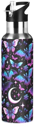 ALAZA Stainless Steel Water Bottle with Straw 600ml/20oz, Neon Purple and Bats Stars and Moons Insulated Drink Flask Gym Sports Water Bottle for Kids Adults Boys Girls, Leakproof