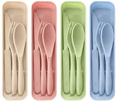 4 Pack Plastic Travel Cutlery Set with Case Reusable, Portable Lunch Cutlery Set for Kids Adults, Work School or Daily Use, Camping Picnic Cutlery