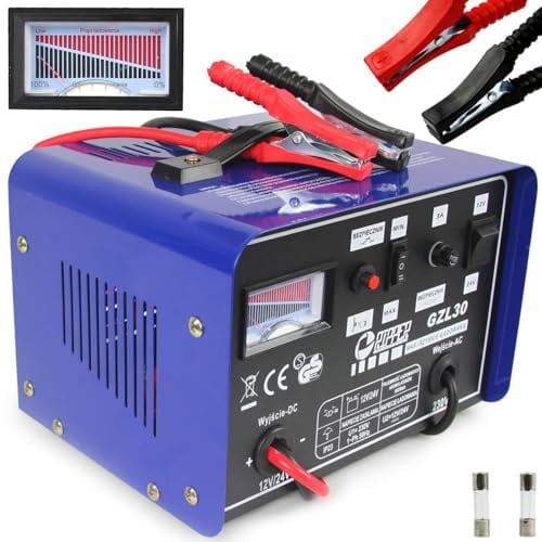 IMJ-Global - Carica Batteria per Auto e Moto Portatile per Batterie al Piombo (12V-24V | 30-180 Ah) Caricabatterie Auto Professionale con Ricarica Rapida e Interruttore AntiSurriscaldamento, Blu