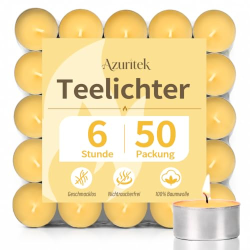 Azuritek 50 Stück 100% Rein Bienenwachs Teelichter, 6 Stunden | Natürlich Bienenwachskerzen, Paraffinfrei und Duftstoffe Bienenwachs Teelicht für Halloween, Advent, Weihnachten Kerzen