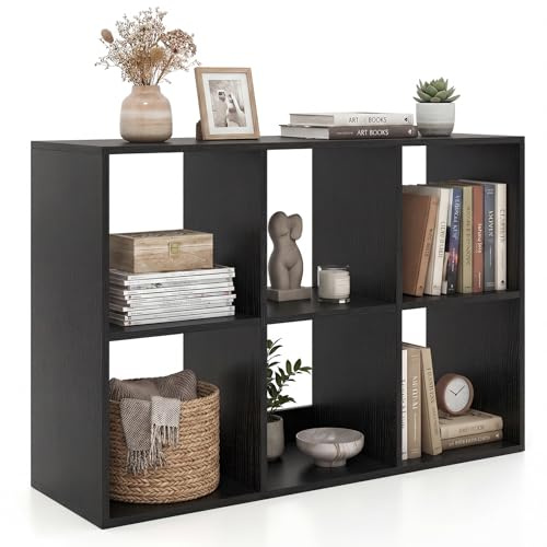 COSTWAY 6 Tier Cube Bookcase, Space-Saving (6, Black, 104 x 33 x 70 cm) | Wooden Storage Cabinet with Anti-toppling Device, Freestanding Display Bookshelf for Living Room, Bedroom and Study
