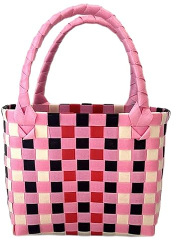Einkaufstasche Shopper Geflochten Strandkorb Vielseitiger Aufbewahrungskorb | Einkaufskorb aus Kunststoff Shopping-Bag Tragetasche Praktischer Korb Für Picknick Und Haushaltsorganisation,Rosa Schwarz