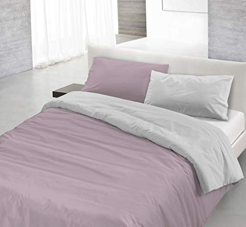 Set Copripiumino 100% Cotone Natural Color, Made in Italy - Parure Copri Piumino - Sacco Piumone 250x200 cm con Doppia Patella e Federe Cuscino, Matrimoniale, Rosa Antico/Grigio Chiaro