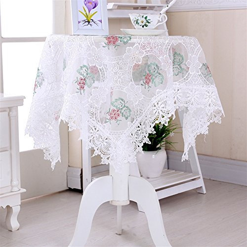 Ommda Tischdecke Durchsichtig Abwaschbar Sticken Blume Spitze und Mesh Tischwäsche für Rund Tabelle 80x80cm