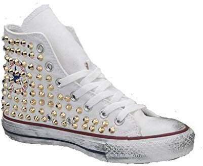 Scarpe Personalizzate Borchiate Sneakers (Artigianali) con Total Borchie Tronco Cono Oro Effetto Invecchiato