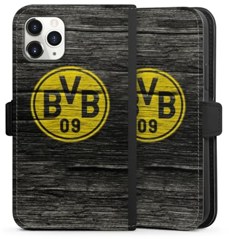 Klapphülle kompatibel mit Apple iPhone 11 Pro Handyhülle aus Kunst Leder schwarz Flip Case Borussia Dortmund BVB Holzoptik