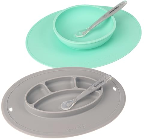 UpwardBaby Suction Plates & Bowls for Baby-Toddler Essentials Silicone Baby Plate & Bowl with 2 Baby Spoons Self Feeding 6 Months-Kids Plates Baby Utensils & Baby Feeding Supplies-BPA Free