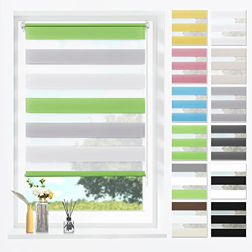 SBARTAR Doppelrollo Klemmfix Duo Rollos für Fenster ohne Bohren & zum Bohren, Grün-grau-weiß B110 x H130 cm (Stoffbreite 106 cm), Lichtdurchlässig, Klemmrollo, Fensterrollo, Zebrarollo