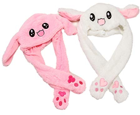 JZK 2 x Rosa weiß Hasenhut Hasen mütze mit beweglichen Ohren, Hasenohren mütze beweglich Kappe, niedlich plüsch mütze bewegliche Ohren für Kinder Erwachsene, Geburtstagsgeschenk für Mädchen
