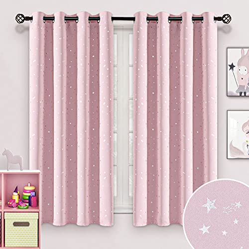 NAPEARL Kinderzimmer Gardinen mit Silberner Sterne, Hellpink Ösenvorhang für Mädchen Kinderzimmer, 2 Stücke Sterne Verdunkelungsvorhang mit den Raffhaltern, Jeder H 137 X B 132cm