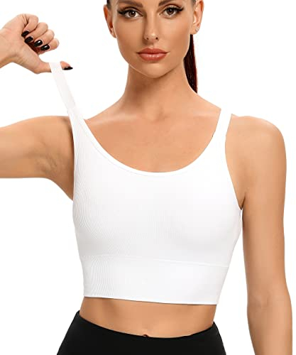 ANGOOL Sport BH Damen Starker Halt Push Up Einstellbarer Schultergurt Sport Bustier Damen Gepolstert Nahtlose Ribbed Ohne Bügel Joggen Yoga Fitness, Weiß, L