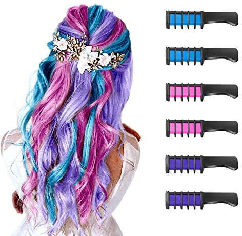 Haarkreidekamm, 6 Stück Temporär Haarfarbe Kreide Kamm für Kinder Mädchen Auswaschbar für Geschenk Cosplay für Halloween Erntedankfest Weihnachten Neujahr Geburtstag Partys(Blau+Lila+Rosa)