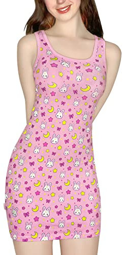 LittleForBig Donne Cotone Salopette Gonna Pagliaccetto Salopette - Usagi Moon Bodycon Vestito Rosa XXL