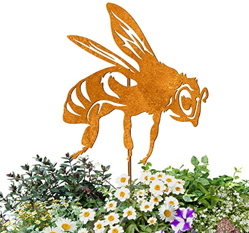 Gartenstecker Biene aus Metall – Rostfigur 22 cm breit, 45 cm hoch – Wetterfeste Edelrost Gartendeko für Garten, Balkon & Terrasse – Handgefertigte Insektenfigur