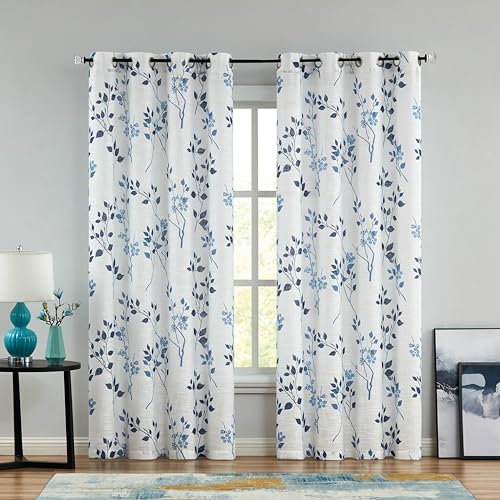 Beauoop Navy Blue Semi Sheer Floral Curtains for Living Room Bedroom 72 Inch Drop Linen Textured Farmhouse Curtains Leaf Printed Eyelet Rustic Drapes Window Treatment Set 2 Panels