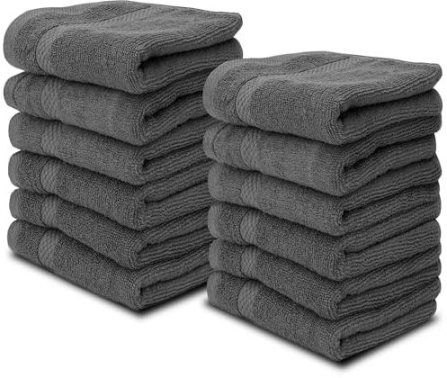 White Classic Lot de 12 serviettes de toilette de luxe en flanelle de coton - Style hôtel - Serviette de bain et gant de toilette - 33 x 33 cm - Gris foncé - En flanelle douce et épaisse - Très