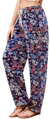 QIANXIZHAN Women's Harem Pants, Hippie Palazzo Pants Boho Joggers Yoga Clothes with Pockets, 6-Dark Blue Flower, S