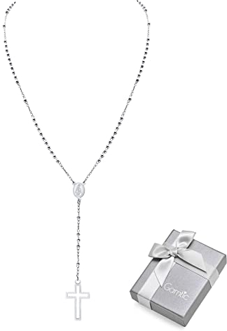 Gamtic Edelstahl Rosenkranz Halskette - Katholischer Rosenkranz Frauen Männer Perlen Silber Kette -60cm
