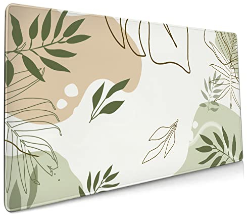 Mauspad mit grünem, abstrakem Pflanzenmuster, verlängertes großes Mauspad mit Boho-Design, rutschfeste Gummiunterseite, genähten Kanten, wasserdicht, Gaming, Heimbüro, 90 x 40 cm, XXL