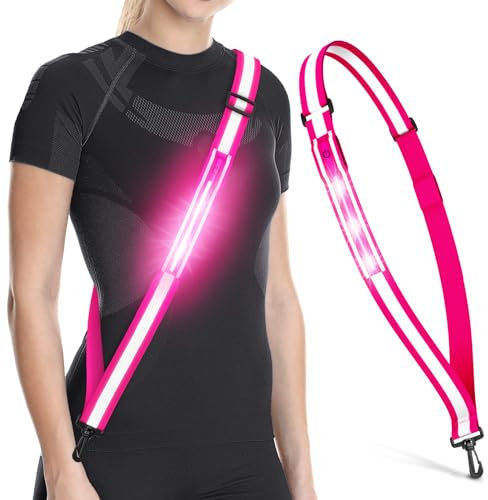 Ylzzrs LED Reflective Belt Sash Walking Gear,Safety Lights for Walkers at Night,High Visibility Safety Rechargeable Reflective Running Gear for Men Women Kids Night Dog Walking Gear (Pink)