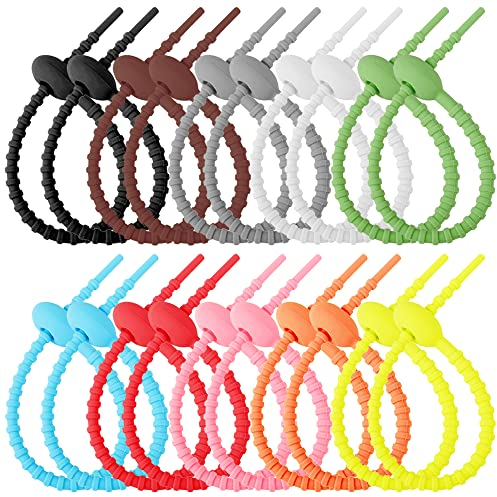 VIKKI 20 PCS Silicone Cable Ties, Colorful Reusable Silicone Twist Snake Ties, Cable Straps, Bread Tie, Bag Seal Clips, Elastic Straps, All-Purpose Silicone Ties for Family Office
