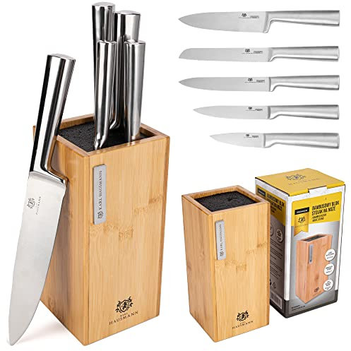 KARL HAUSMANN Messerblock mit Messer - 5 teilig - Messerset und Messer Block - Küchenmesser Set - Kitchen Knife Set - Messerblock aus Bambusholz mit Borsteneinsatz - Scharfe Messer aus Edelstahl