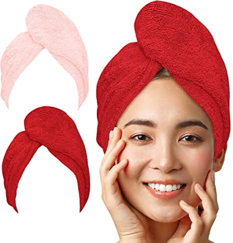 LUXTOGO® Haarturban-Premium Haarhandtuch (430 g/m²)–aus 100% Baumwolle, Hochwertiges Turban Handtuch mit Knopf und Gummizug, Super Saugfähiges Kopfhandtuch (Rosa+Rot)