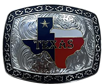 WMG Texas State Gürtelschnalle Flagge Karte Cowboy Rodeo Western Fashion Star Goldton Farbe, silber, schwarz, Medium