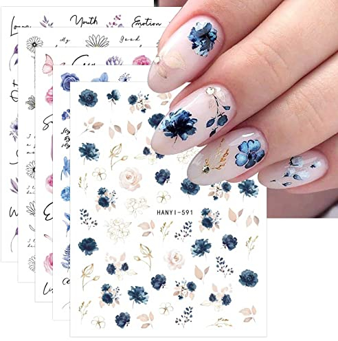 JMEOWIO 9 Sheets Spring Flower Nail Art Stickers Decals Self-Adhesive Colorful Summer Floral Nail Supplies Nail Art Design Decoration Accessories
