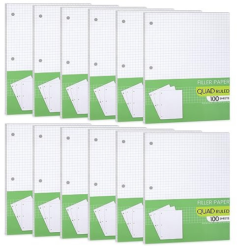 Millimeterpapier, Füllpapier, lose Blätter, Millimeterpapier, 20,3 x 26,7 cm, kariert, 10 x 4 Quad liniert, 3-fach gelocht, lose Blätter für 3-Ringbücher – 100 Blatt pro Packung (12 Stück)