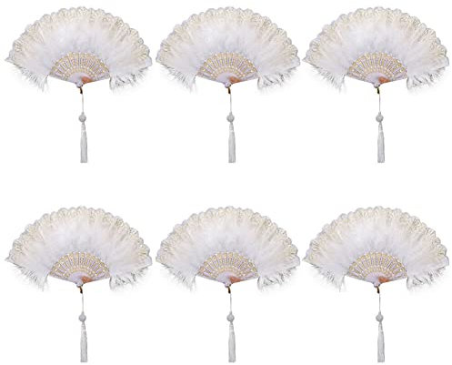 MoreChioce 6PCS Foldable Feather Fan, 1920s Vintage Style Flapper Hand Fan Fabric Plastic Frame Marabou Feather Fan for Women Costume Party Photoshoot Wedding Decoration,White