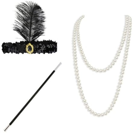 CRLLDPM 3 Teiliges 20er Jahre Accessoires, 1920 Zubehörset, Great Gatsby Accessoires Flapper Set Party Kostüme Damen mit Flapper Stirnband Perlenkette für Halloween Weihnachten