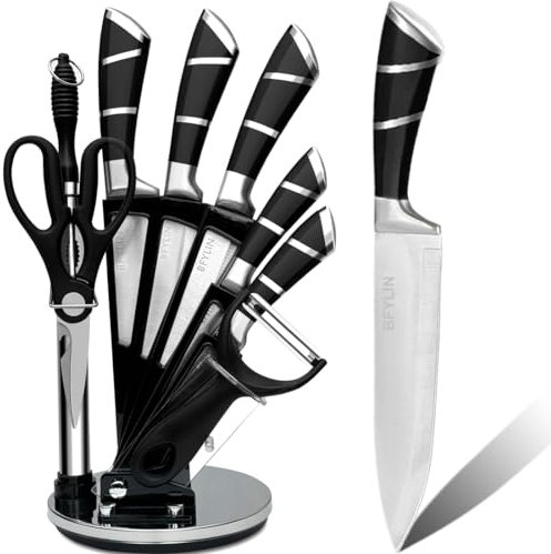 BFYLIN Messerblock Messer set, 9Teiliges Küchenmesser set, Messer block set mit,Kochmesser Brotmesser Universalmesser Anspitzer Gemüsemesser Küchenschere Schäler Mit Acrylmesserhalter
