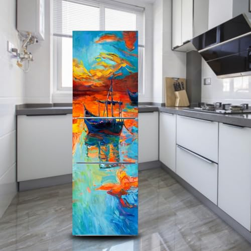 Fridge wraps kitchen fridge stickers cover full doors, fridge sticker full covering door fridge covers decor, freezer skins wall stickers for kitchen decal, Oil painting sailing boat sunset