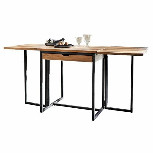 Loberon Tisch Vétrigne, einzigartige Holzmaserung, Robustes Gestell, Klappfunktion & Schublade für Funktionalität, Esstisch, Tannenholz, Eisen, braun/schwarz