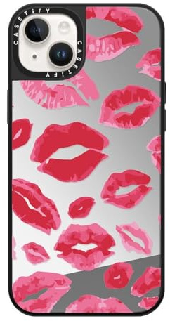 CASETiFY Spiegel iPhone 14 Plus Hülle [Reflektierend/1.5m Fallschutz/Kompatibel mit Magsafe] - Lippenstift Küsse - Silber auf Schwarz