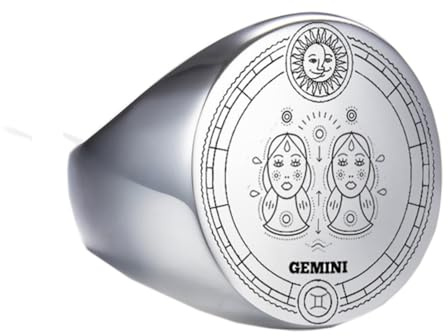 PAURO Herren Damen Edelstahl Hochglanzpolierter 12 Sternbilder Horoskop Sternzeichen Runder Ring Silber Zwillinge Größe 60 (19.1)