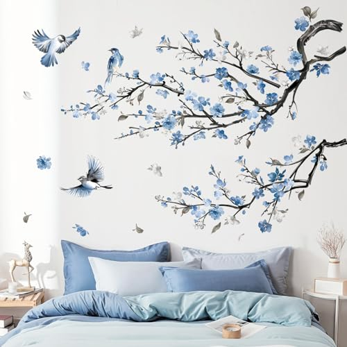 decalmile Pegatinas de Pared Árbol de Flores Azul Vinilos Decorativos Flores Aves en Rama Árbol Adhesivos Pared Habitación Dormitorio Salón