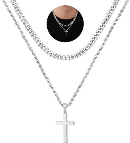Kreuz Kette Herren Silber Doppelte Halskette Herren aus Edelstahl, 50cm Kreuzkette Silber Kreuz Kette Damen kette Herren mit Kreuz Anhänger Ketten für Herren Damen Schmuck Herren. (Silber, Doppelt)