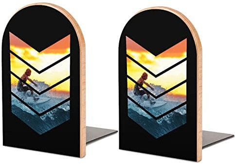 Geometrische Sonnenaufgang-Surfer-Buchstützen aus Holz für Regal, schwerer Buchständer, Halter, Buchstützen, Dekorationen für Büro und Zuhause