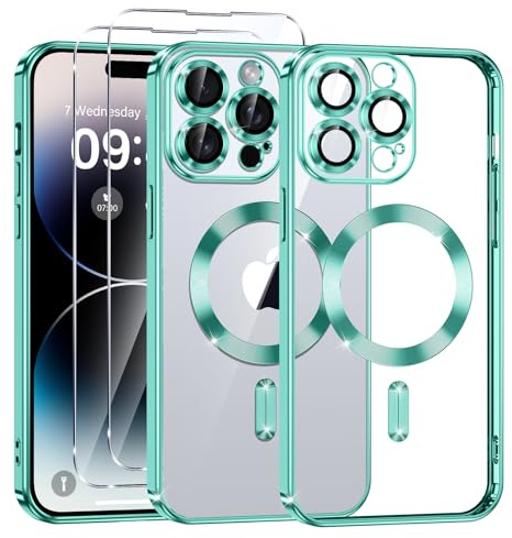 Phoona Cover Placcatura per iPhone 14 Pro Max 6,7 Pollici, Obiettivo per Fotocamera Protezione Completa e 2 × vetro temperato, Compatibile con MagSafe Ricarica Wireless, Protezione Militare, Verde