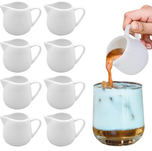 Gobesty Lot de 8 petits pots à lait en céramique blanche de 100 ml avec poignée, mini cruche à lait pour café, lait et sauces