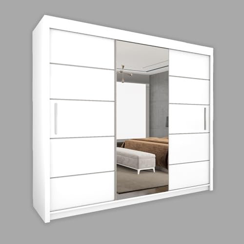 Serenity Selection Modern Wardrobe with FULL Length One Side Mirror- 2 & 3 Sliding Doors wardrobe, Adjustable Shelves, Hanging Rails, and Ample Storage Space - Stylish Bedroom Furniture (White, 250cm)